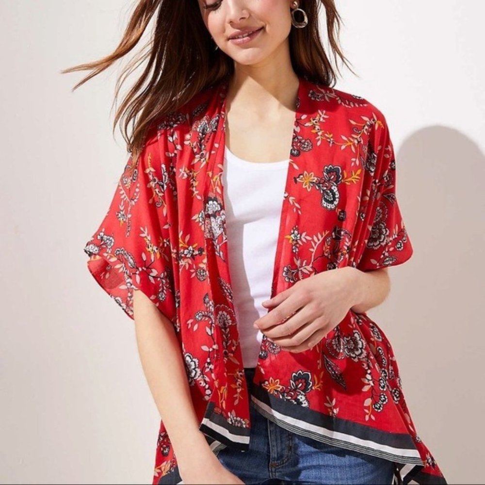 Loft XS S Women's‎ Red Black Floral Border Kimono Wrap Top Blouse Shawl